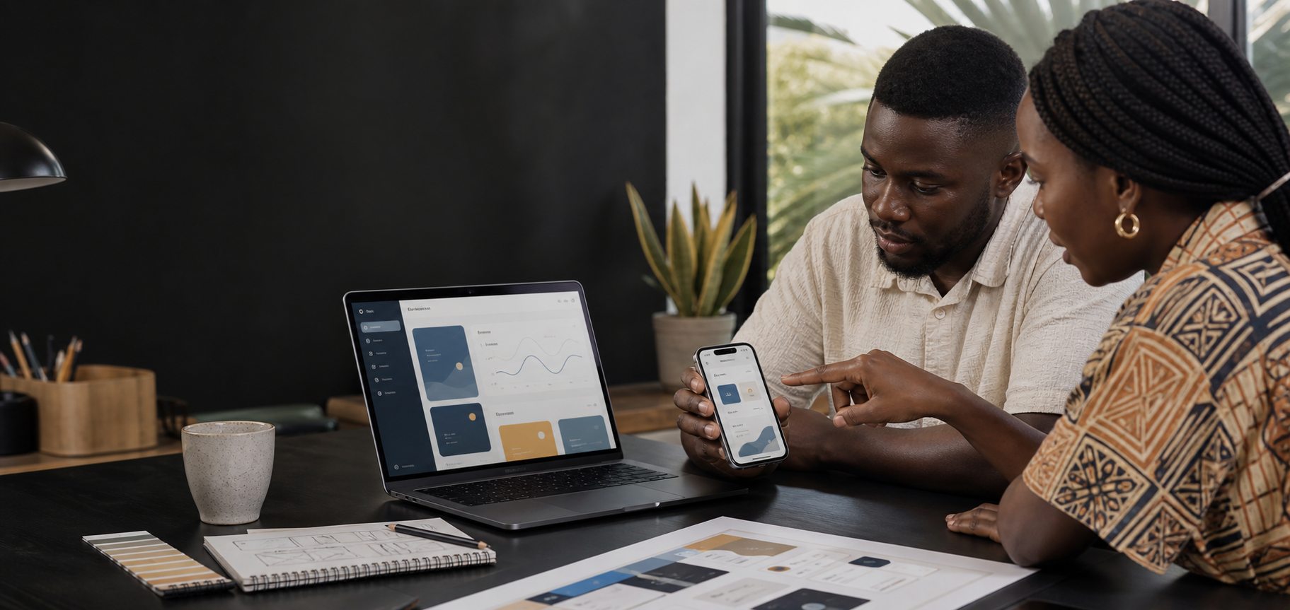 Designer and developer reviewing a web and mobile application